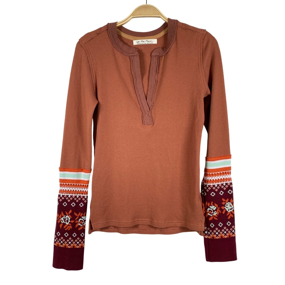 Free People Mikah Layering Cuff Boho Thermal Waffle Knit Top Women Size M Autumn